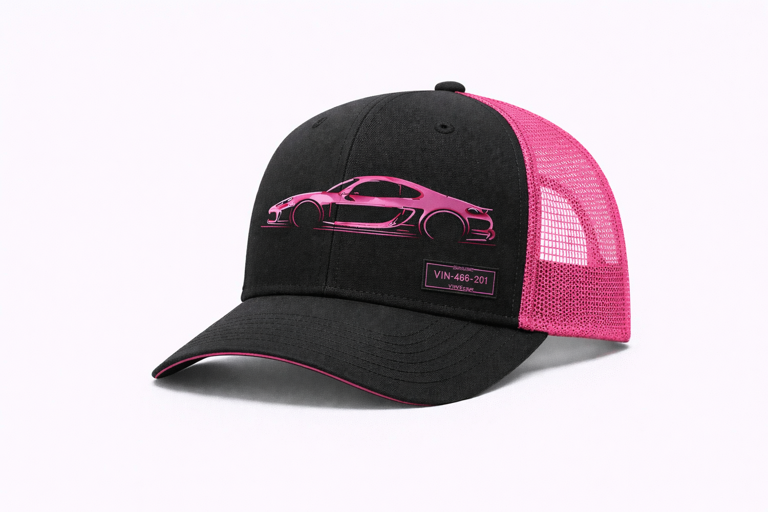 VINWEAR black trucker hat with pink mesh back and pink sports car design.
